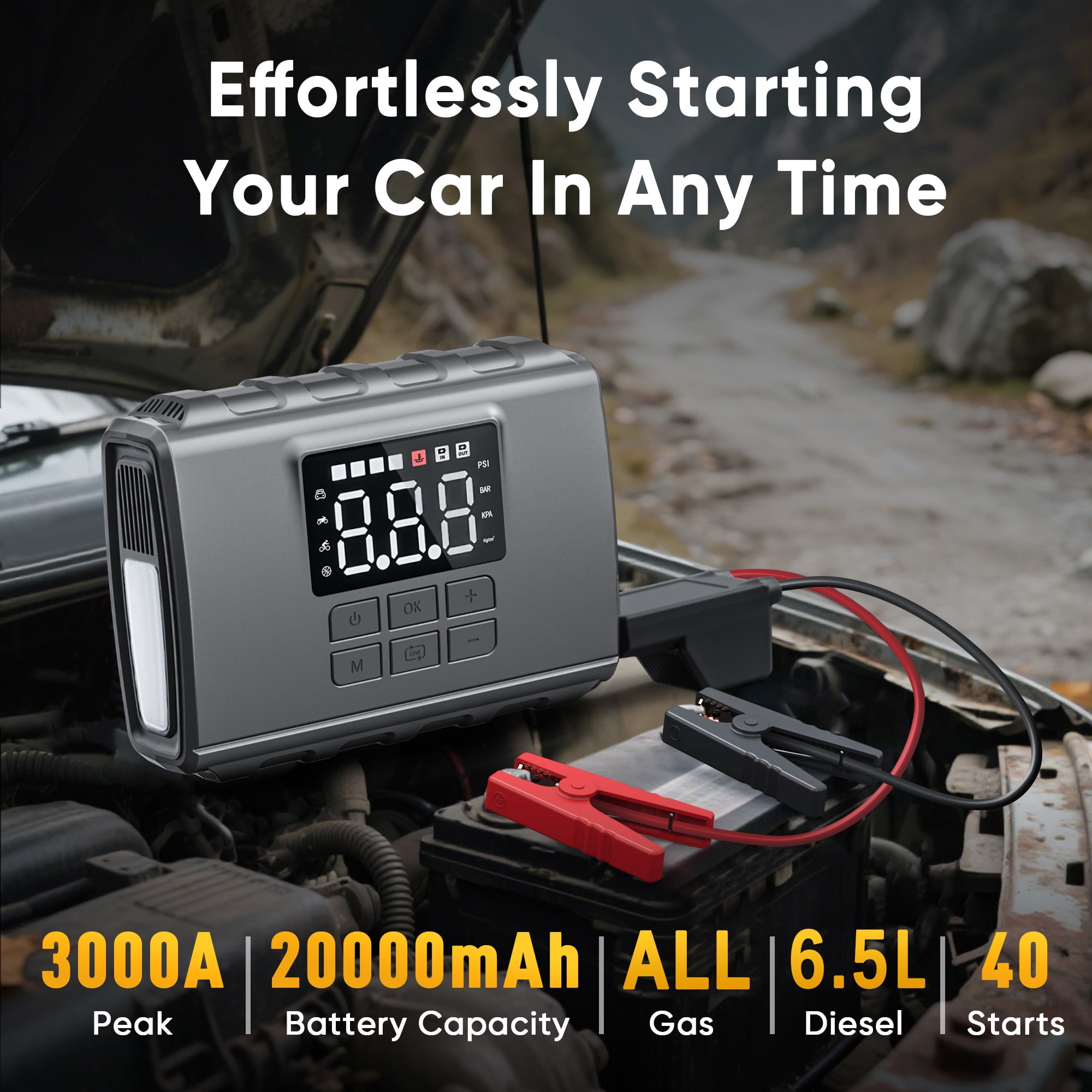 GCZ 3000A Peak Portable Jump Starter with Air Compressor 150PSI, Battery Booster for All Gas & 6.5L Diesel Engine, 20000mAh Power pack with Dual Cylinder & LED Display & Flashlight