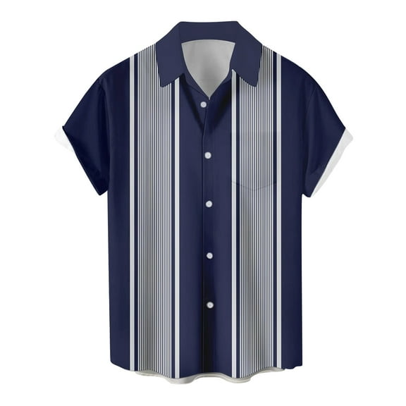 Lumtrix Men's Vintage Bowling Shirts 1950s Casual Short Sleeve Button Up Contrast Shirt Trendy Beach Summer Shirts with Pocket Blue XL