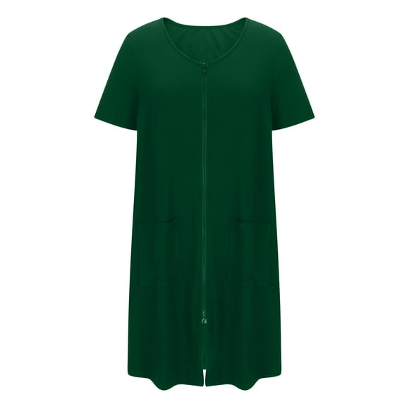 Women's Zipper Robe, Short Sleeves Zip up Bathrobe Soft Short Nightgown Housecoat with Pockets Satin Pajama Skirt Green XXL