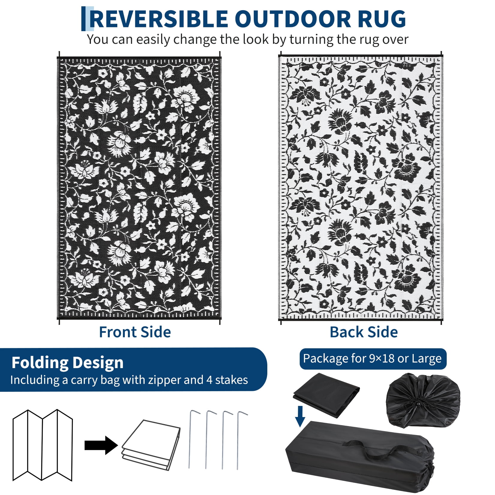 Garvee 6'x9' Outdoor Rug Waterproof Floral Camping Carpet, Reversible Plastic Straw Rug Outdoor Rug for Patio RV Balcony Backyard, Black