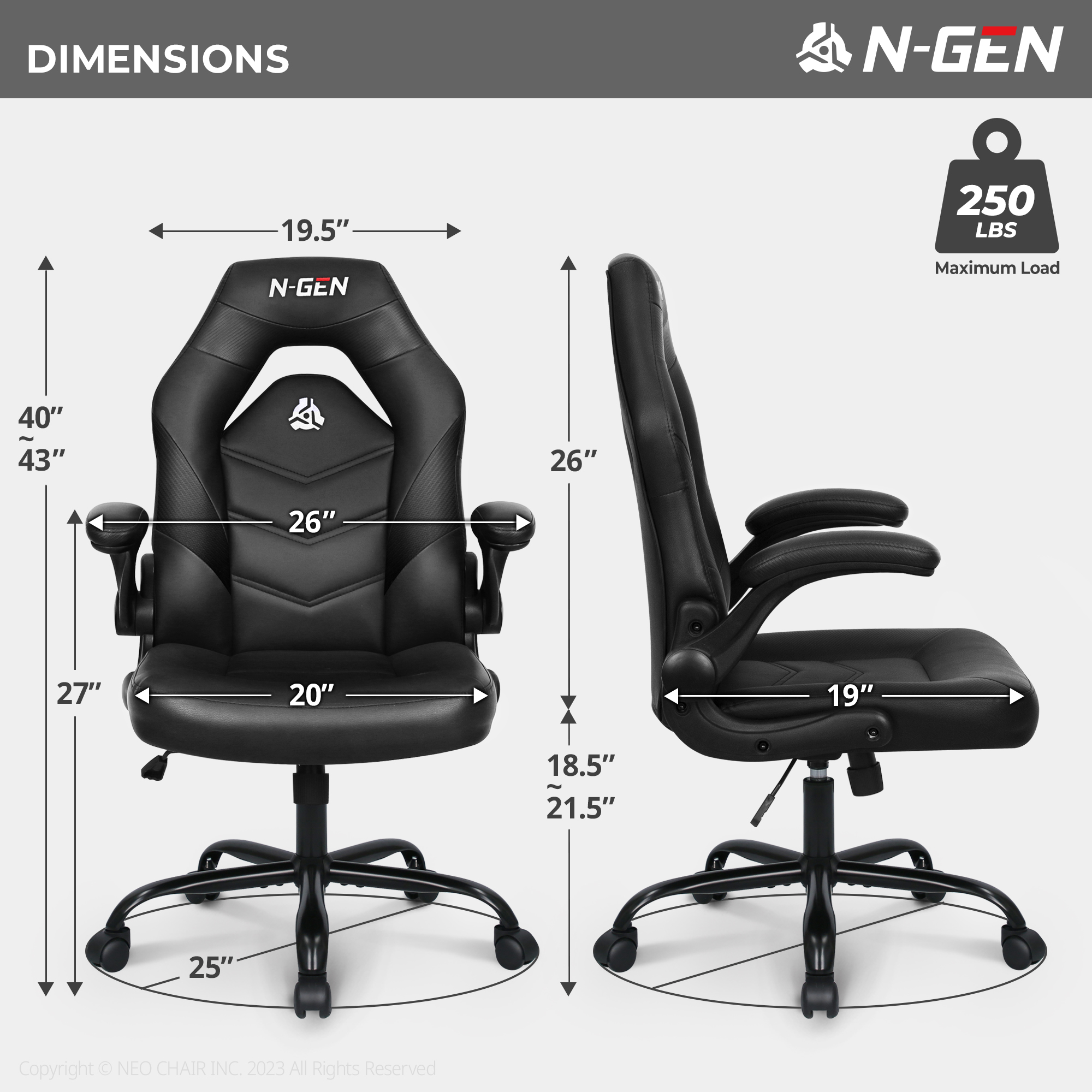 N-GEN Black Gaming Chair, Flip-up Armrest Computer Chair Ergonomic Office Chair PU Leather Desk Chair Executive Adjustable Swivel Task Chair