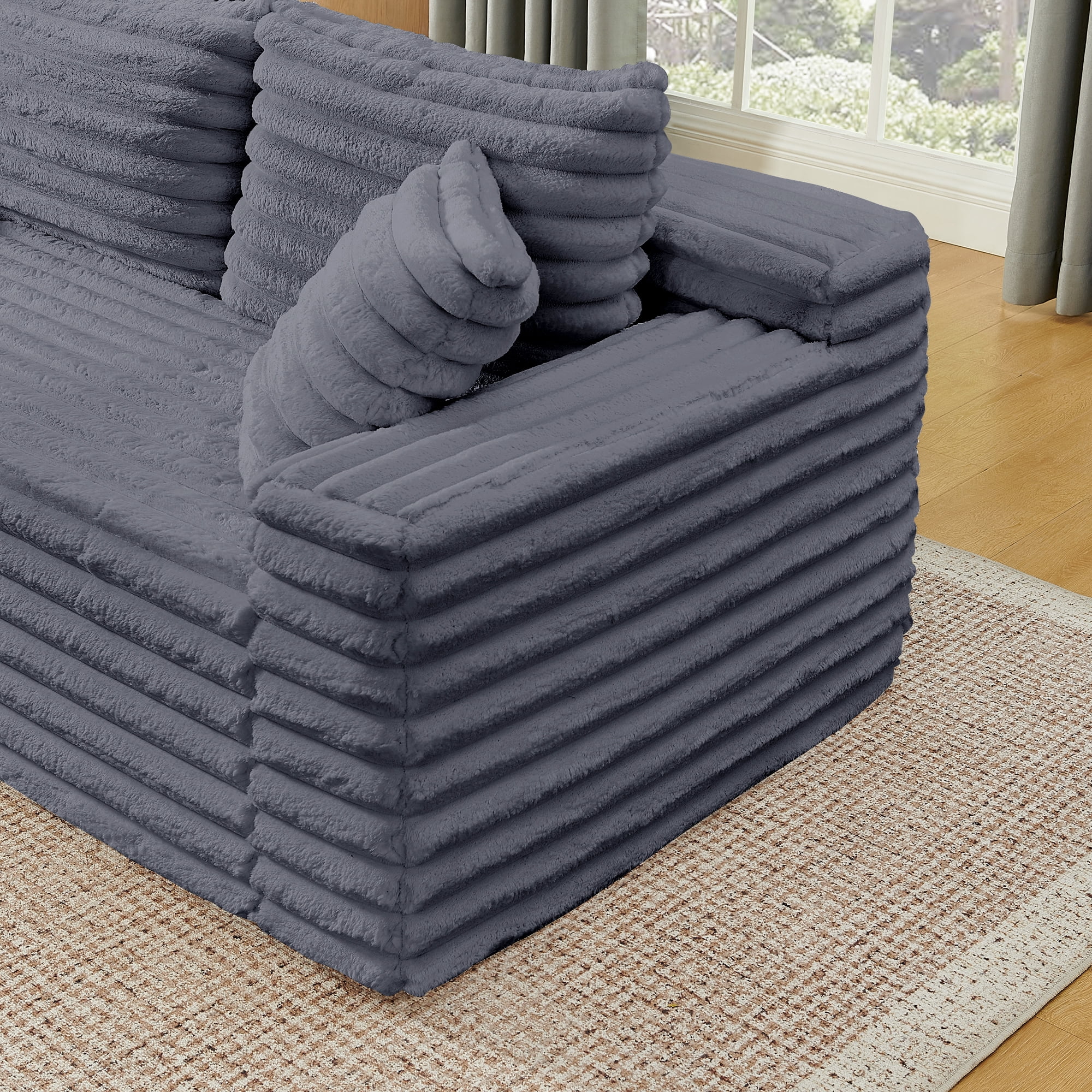 BSHTI 127" Corduroy U Shape Sectional Sofa with Console, Cup Holders, USB Port, 2 Ottomans for Living Room（Gray）