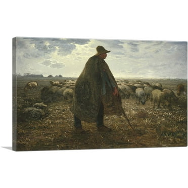 ARTCANVAS Shepherd Tending His Flock Canvas Art Print by Jean-Francois Millet - Size: 26" x 18" (0.75" Deep)