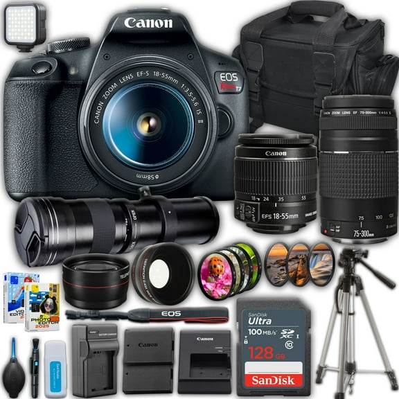 Canon EOS Rebel T7 DSLR Camera with 18-55mm Lens & Canon EF 75-300mm f/4-5.6 III Lens   420-800mm Super Telephoto Lens  SanDisk 128 GB Memory Card   Camera Case   50" Tripod   3 Pcs Filter Kit   More