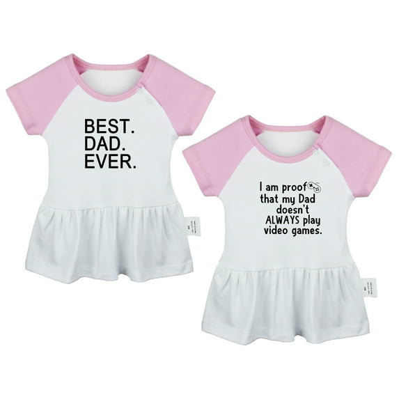 Pack of 2, Best Dad Ever & I Am Proof That My Dad Doesn't Always Play Video Games Funny Dresses, Newborn Baby's Skirts, Infant Princess Dress, Toddler Frocks (Pink Raglan Dresses, 18-24 Months)