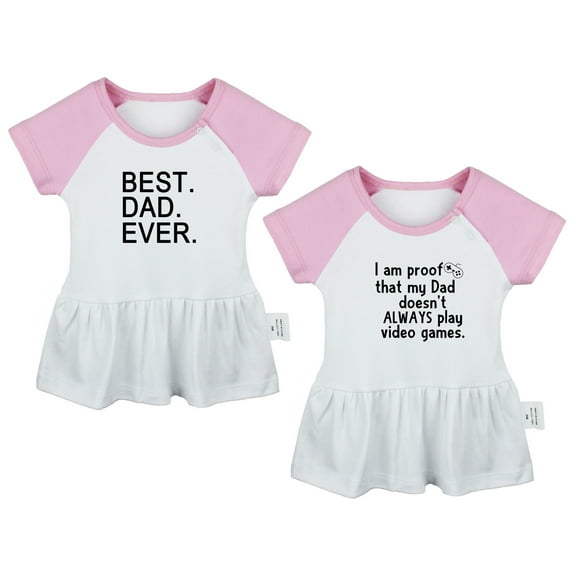 Pack of 2, Best Dad Ever & I Am Proof That My Dad Doesn't Always Play Video Games Funny Dresses, Newborn Baby's Skirts, Infant Princess Dress, Toddler Frocks (Pink Raglan Dresses, 0-6 Months)