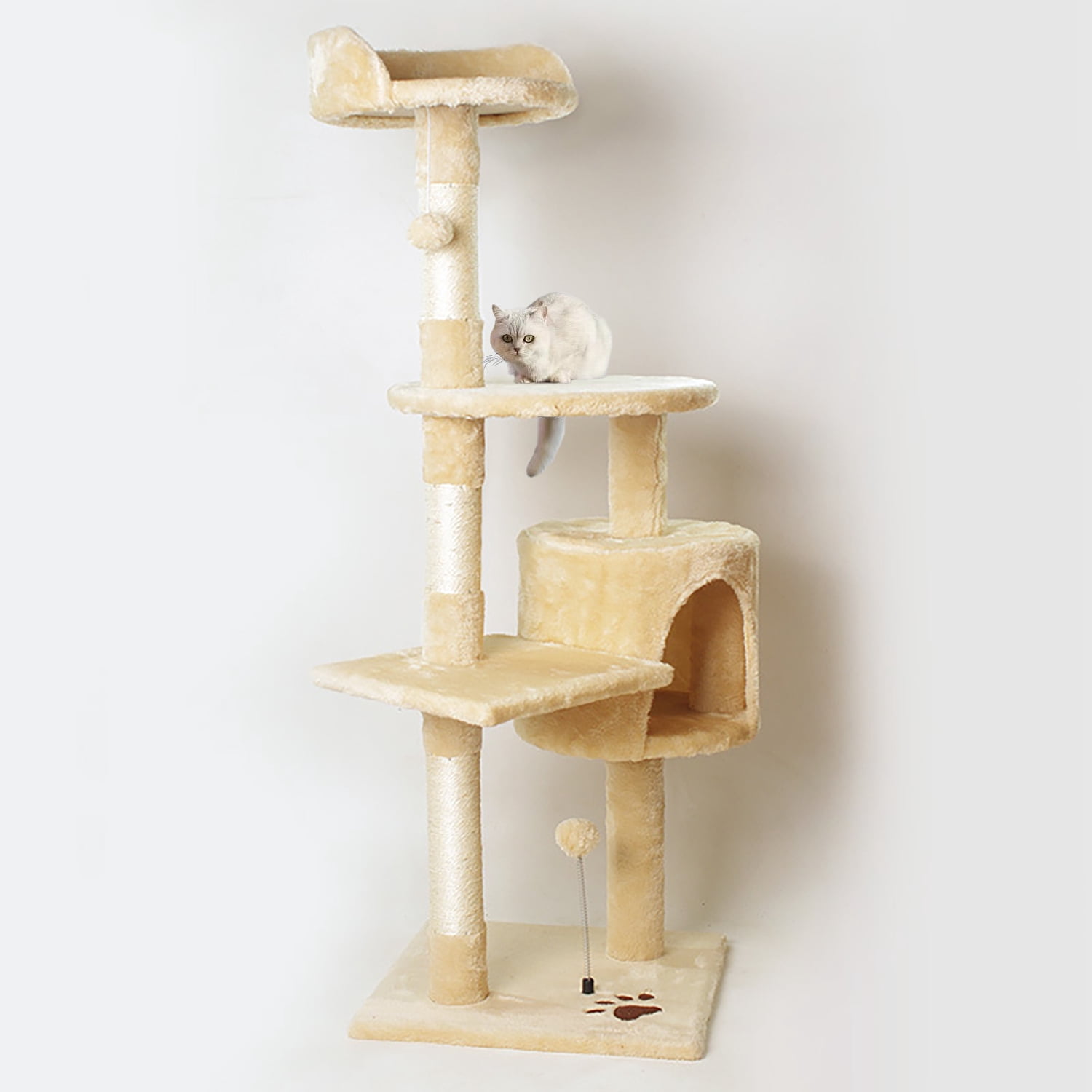 Asunby Beige 46" Cat Tower - Multi-Level Cat Activity Center with Sisal Scratching Posts, Spacious Perches & Interactive Hanging Toys