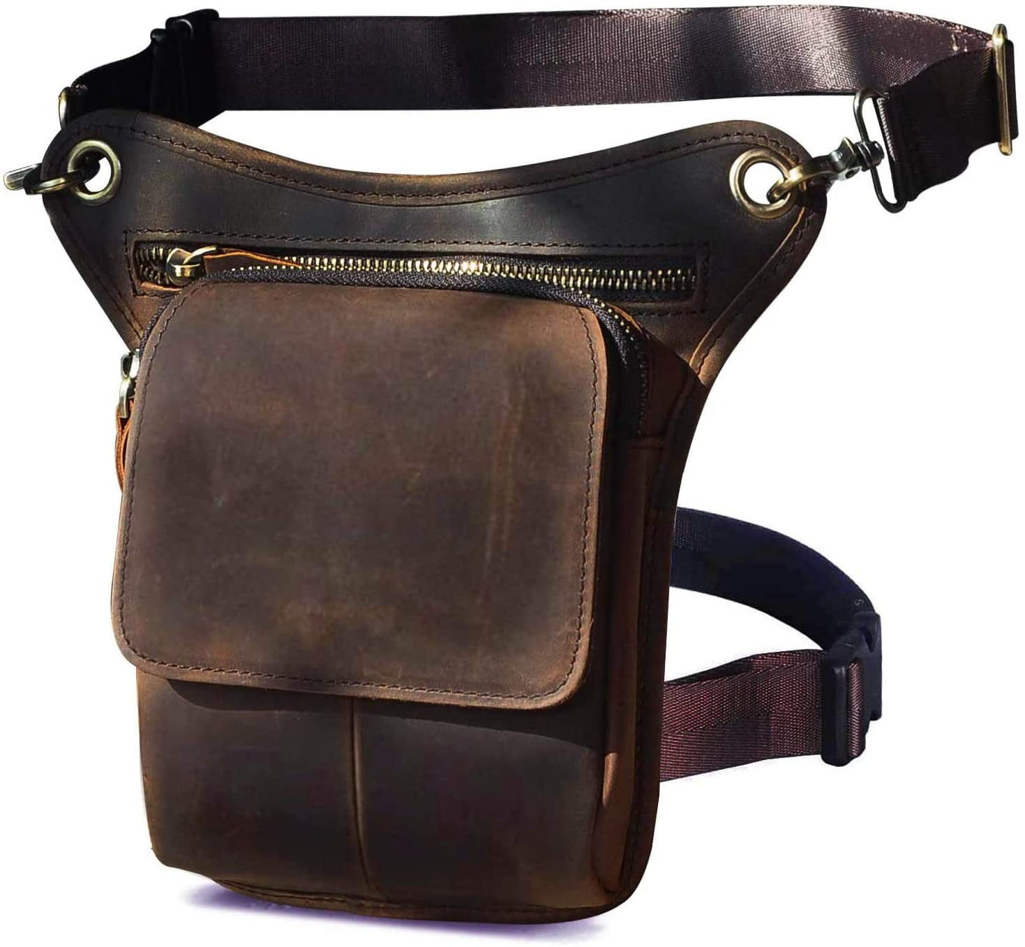 Le'aokuu Mens Genuine Leather Messenger Riding Hip Bum Waist Pack Drop