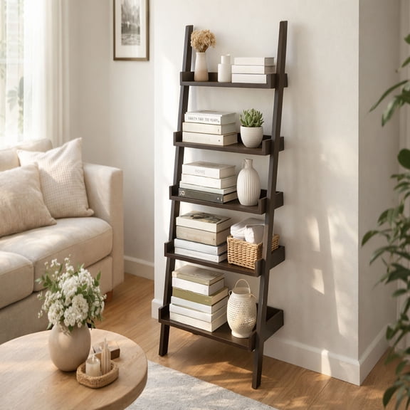 Lavish Home Bookshelf 5-Tier Ladder Shelf with Leaning Look, Bookcase for Home Decor and Office Storage, Gray