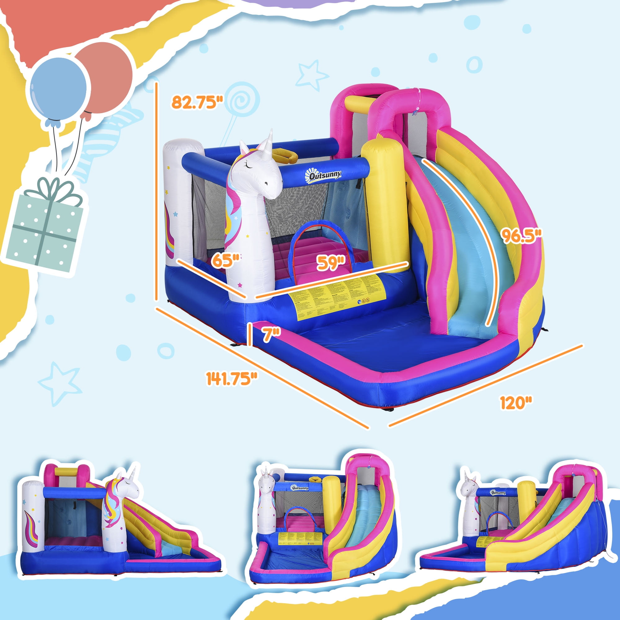 Outsunny 5 in 1 Inflatable Water Slide, Water Park Castle Bounce House Trampoline with Pool, Climbing Wall for Kids Age 3-8 with Air Blower