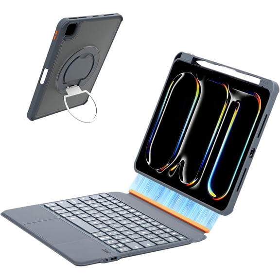 Magnetic Detachable Keyboard Case for iPad Pro 13" M4/M5, Backlit Trackpad, Pencil Holder, 360° Rotatable Kickstand,Gray