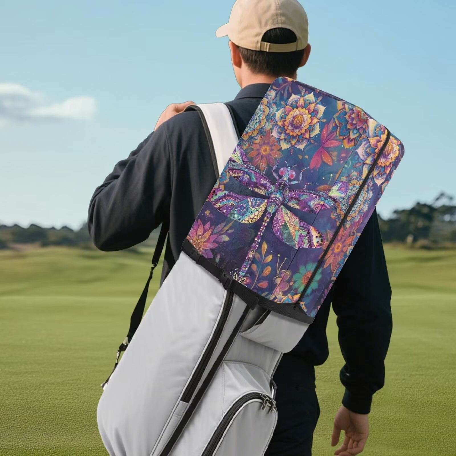 Chririnla Boho Mandala Dragonfly Golf Bag Dust Cape Club Protection Cape with Snap Button & Zipper Waterproof & Dustproof for All Weather