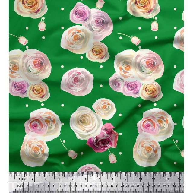 Soimoi Green polyester Crepe Fabric Dot & Ranunculus Floral Print Fabric by Yard 52 Inch Wide