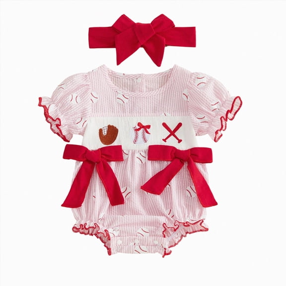 Xudanell Preemie Girl Clothes Baby Girls Summer Jumpsuits Cute Cartoon Bow Print 2 Piece Set with Romper and Headband Casual Wear Red 0-3 Months