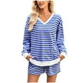 thumbnail image 2 of Caywon Women's Striped Print Patchwork Two-Piece Set Loose V-Neck Long Sleeve Top and Elastic Waist Shorts with Side Pockets Casual Outfit for Spring Summer, 2 of 5