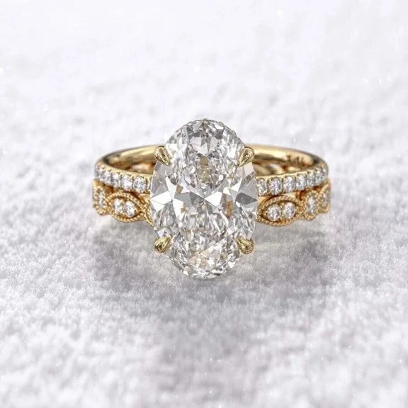 3Ct Oval Cut Moissanite Bridal Set Engagement Ring 14K Yellow Gold Plated