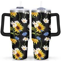 the Small Daisy Sunflower Is Black 40 Oz Tumbler with Handle Lid and Straw, Stainless Steel Double Walled Vacuum Insulated Cup, Cute Birthday Gifts Tumbler for Women Men Friends