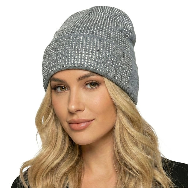 GDREDA Rhinestone Winter Knitted Hat Warm Sparkling Elegant For Women Men Cold Weather Grey,One Size