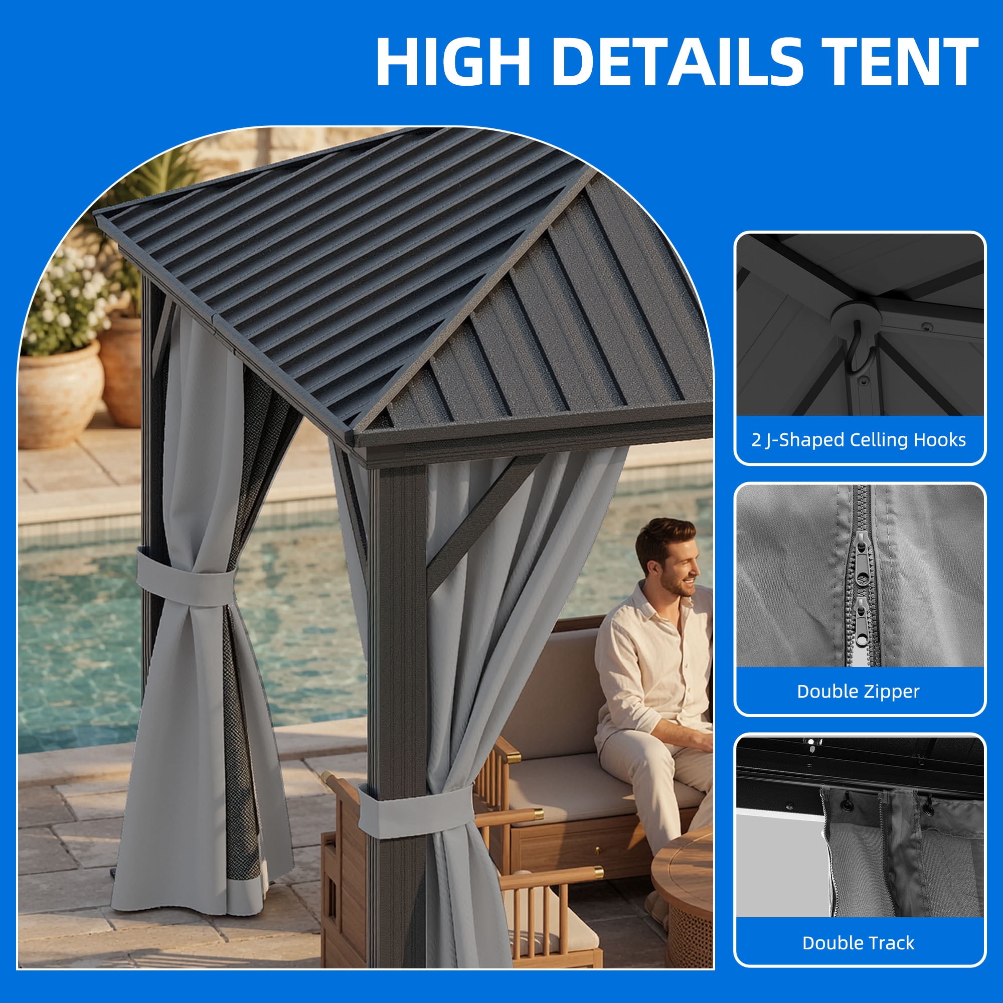Dextrus 10x12FT Hardtop Gazebo with Nettings&Curtains,Outdoor Galvanized Steel Hardtop for Patio, Backyard, Deck, and Lawns -Grey