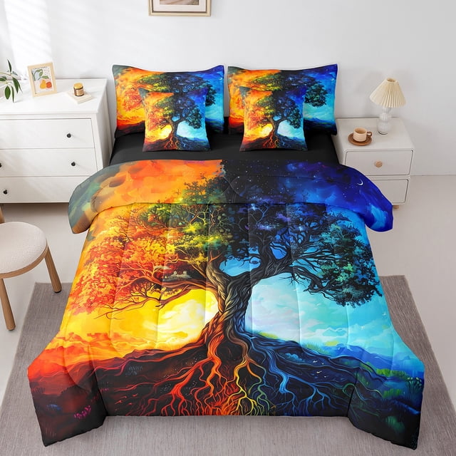 Tree of Life Comforter Set Bed in a Bag 7 Pieces Full,Nature Botanical Tree Bedding Set,Magic Tree Gothic Style (Comforter+Fitted+Flat Sheet+2 Pillowcases+2 Throw Pillow Covers)