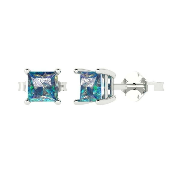 1 ct Push-Back Stud Earrings for Women | 4.5mm Princess Cut Blue Moissanite | 18K White Gold