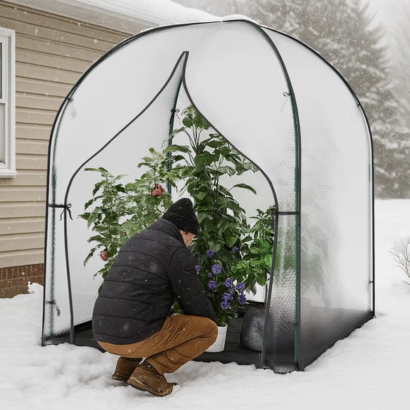 Sunyrisy Walk-in Greenhouse 59x59x75 inches, Portable Mini Greenhouse with Insulating Bubble Film Cover and Zippered Door
