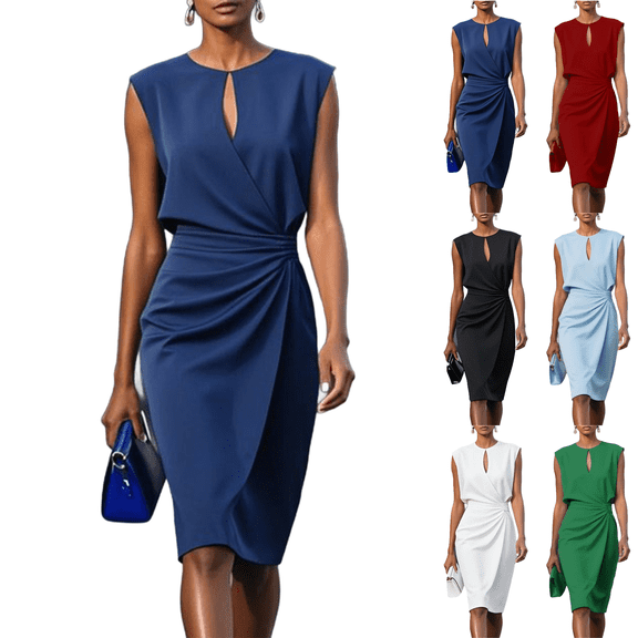 Dresses for Women Keyhole Neck Sleeveless Ruched Waist Solid Color Flowy Business Casual Wedding Guest Party Midi Dress S-2XL