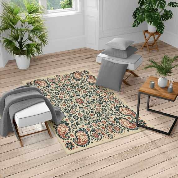 Paisley Turkish Area Rug, Floral Ornate Pattern Cultural Folk Persian Middle Eastern Illustration, Soft Carpet for Living Room Decor with Distressed Look, 4' X 5.7', Dark Petrol, by Ambesonne