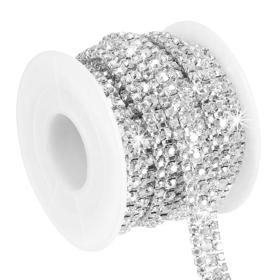 Uxcell 3 Yards Rhinestone Chain Roll, 3 Rows Crystal Close Chain Bling Trim, Silver/White
