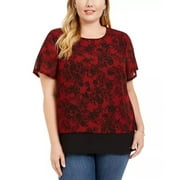 Michael Kors Women's Plus Lace Print Chiffon Hem Top Red Size 1X