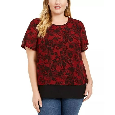 Michael Kors Women's Plus Lace Print Chiffon Hem Top Red Size 1X