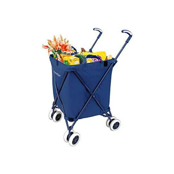 VersaCart Transit -The Original Patented Folding Shopping and Utility Cart, Water-Resistant Heavy-Duty Canvas with Cover, Double Front Swivel Wheels, Compact Folding, Transport Up to 120 Pounds, Blue