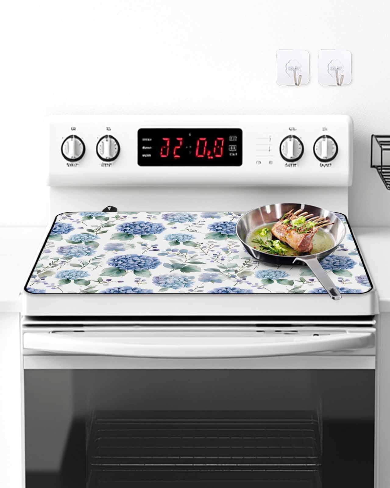 Stove Top Covers for Electric Stove, Blue Spring Floral Glass Stovetop Cover Protector, Watercolor Botanical Elegant Induction Cooktop Protector Oven Mat for Kitchen Countertop 24"x21"