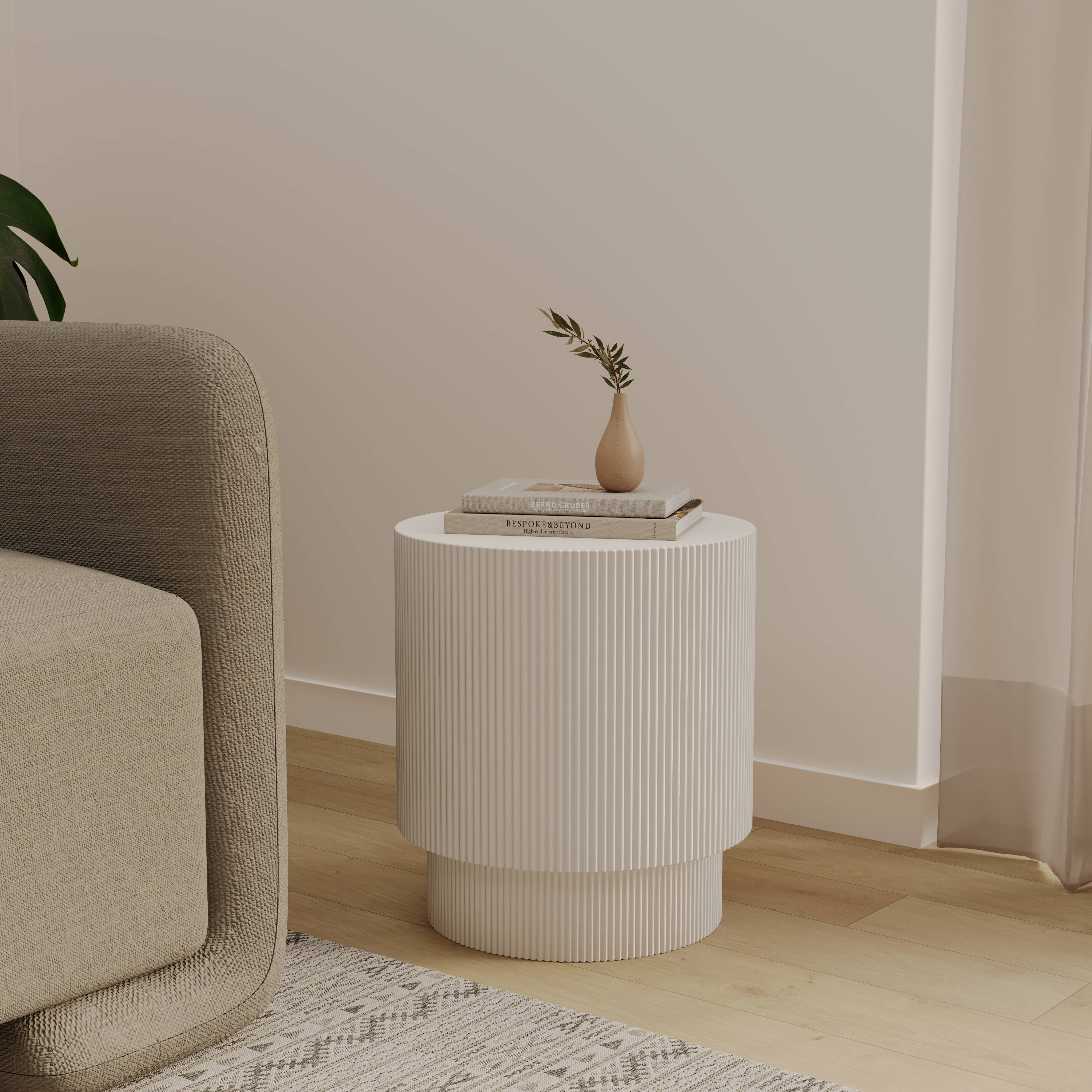 LeisureMod Modern Side Table Round Fiberstone Top Accent End Table for Home, Outdoor Patio, Living Room Sofa, Weather-Resistant, Eden Series in White