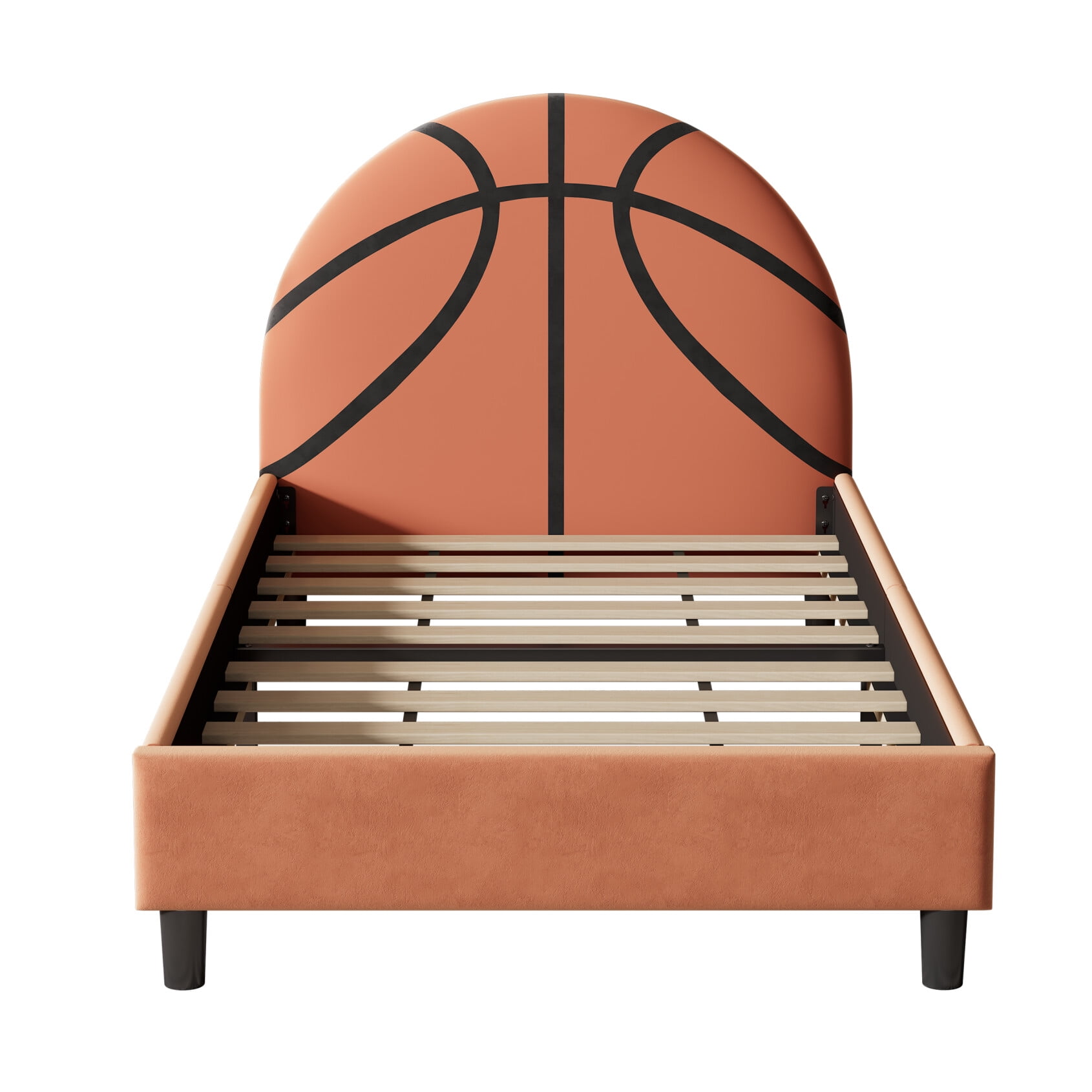 Basketball Design Twin Size Bed Frame, Upholstered Platform Bed with Headboard, Sports Theme Twin Bed Frame for Boys & Girls, Orange