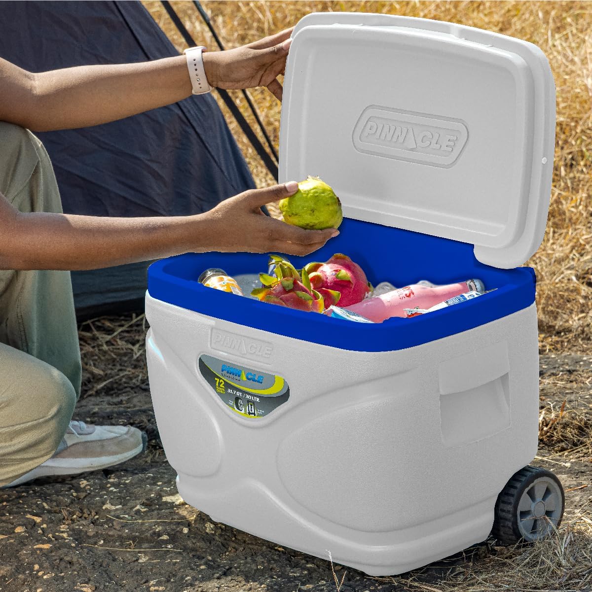Pinnacle 30L Cooler with Wheels Set, 3 Coolers with Ice Bricks, Cup Holder Lid, Marine
