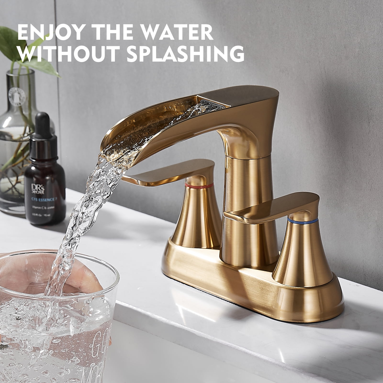 Brushed Gold Bathroom Faucet,Yundoom 4 Inch Centerset Bathroom Faucet,Waterfall Bathroom Faucet,2 Handle Bathroom Faucet for Sink 3 Hole,360 Degree Swivel Spout Bathroom Sink Faucet with Pop Up Drain