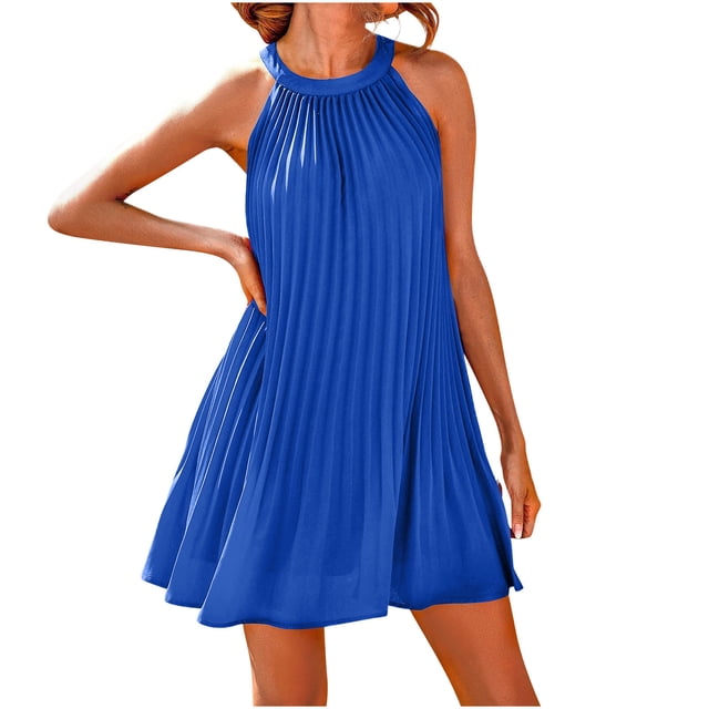 Mini Robe d'Été pour Femmes Mignonne Col Suspendu Sans Manches Couleur Unie Plissée Dos de Plage Mini Robe Mini Robe pour Femmes Été