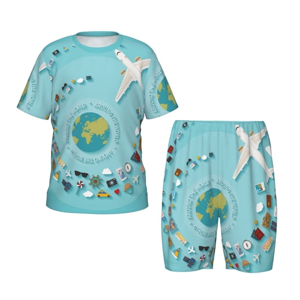 Fotbe Travelling on Airplane Pijama Estampada de 2 Piezas para Niños – Ropa de Dormir de Manga Corta Cómoda para Niños y Niñas, Camiseta y Shorts de Algodón-3X-Large