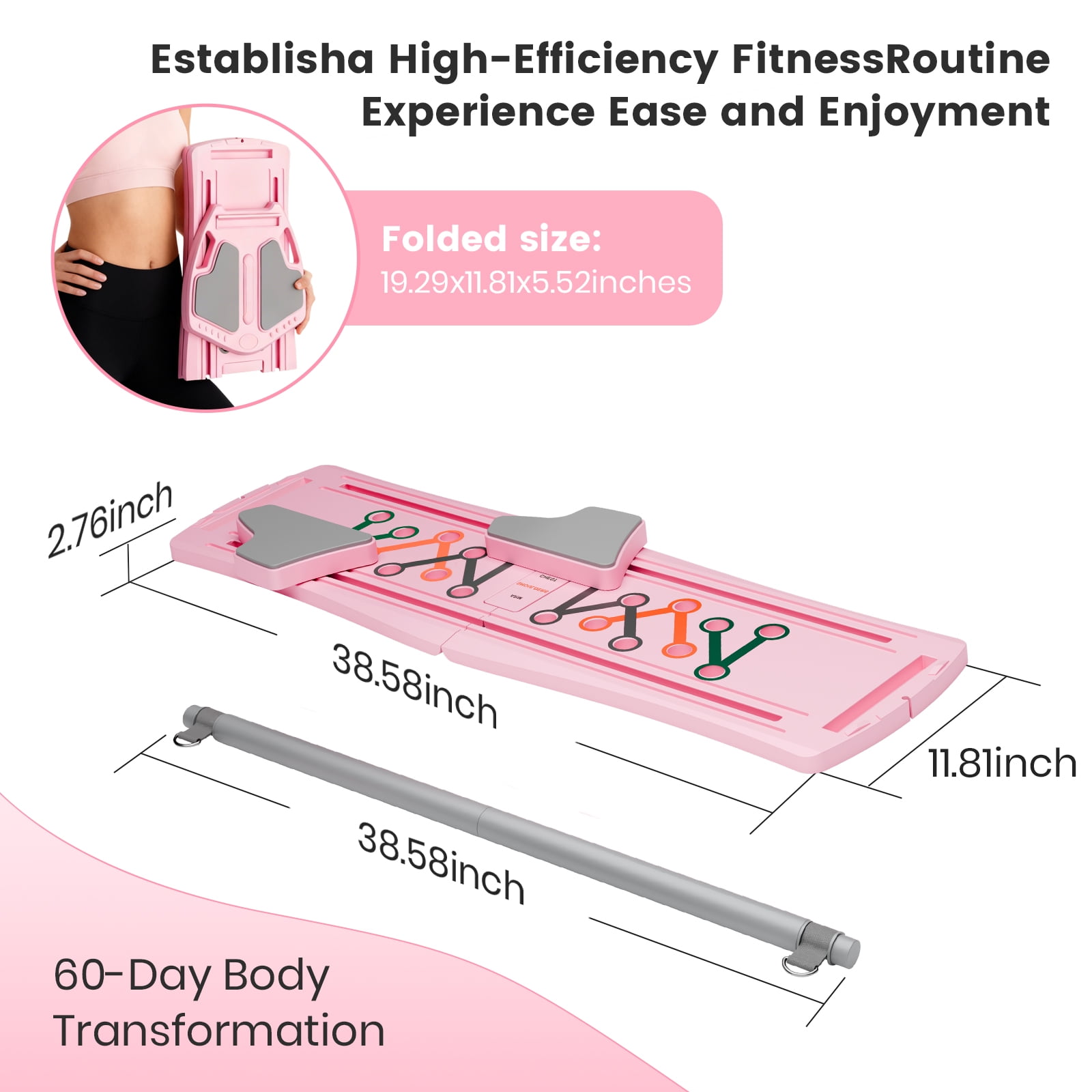 RICAN Pilates Board, Foldable Pilates Abdominal Board for Core Strength Training, Multi-Purpose 7 in 1 Pilates Reformer Machine for Women Workout, Exercise, Fitness, Abs, Pink