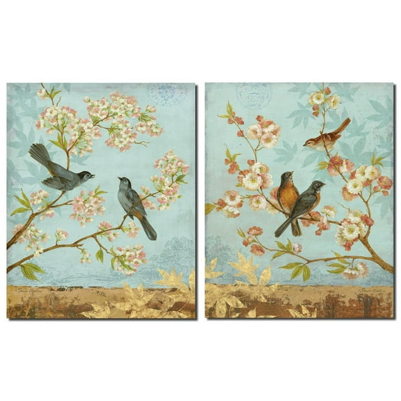 Classic Blue and Brown Catbirds and Cherry Blossom Adult Decor; 2 - 11" x 14" Unframed Prints