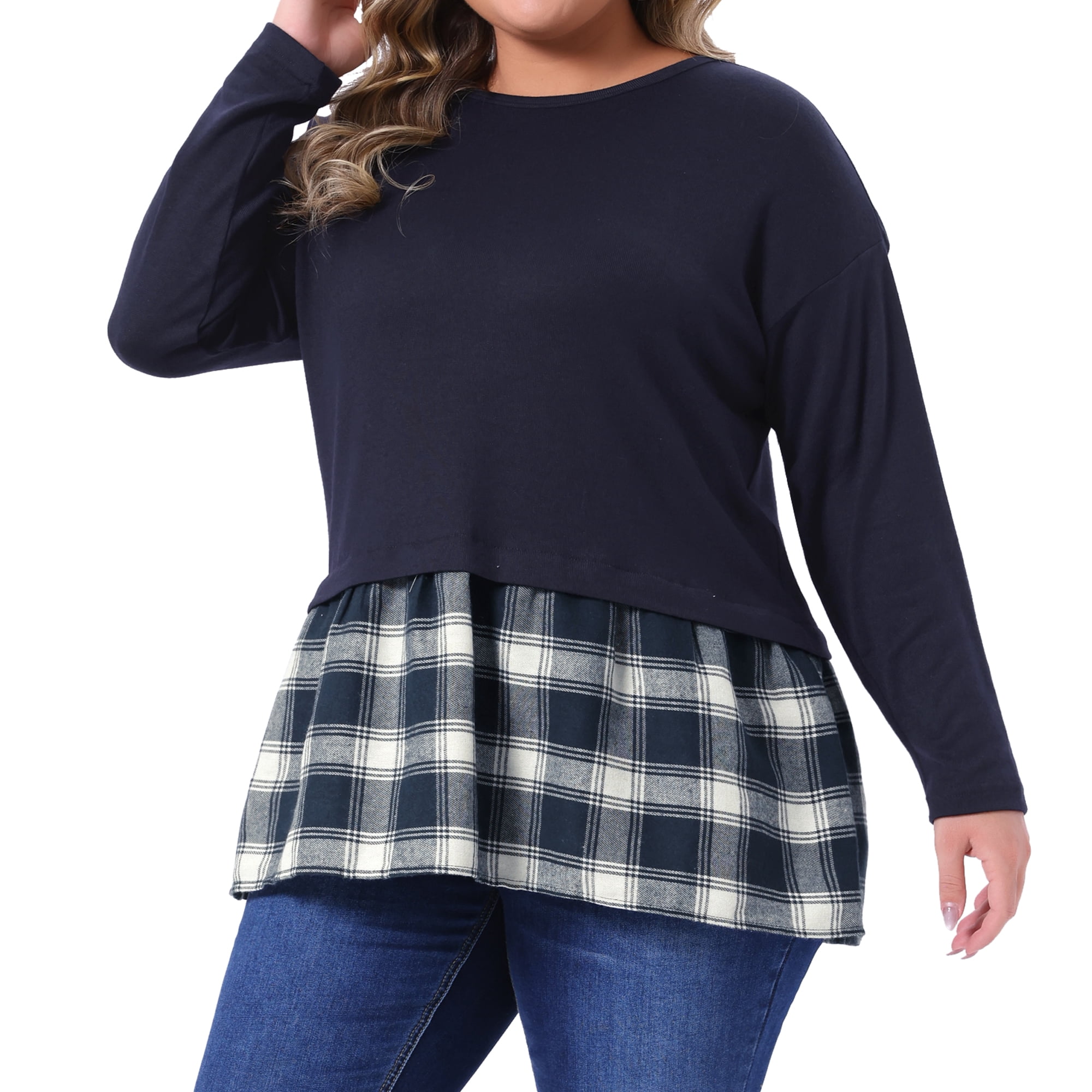 DARING DIVA Women's Plus Long Sleeve T Shirt Tops Patchwork Blouse 3X Navy Blue