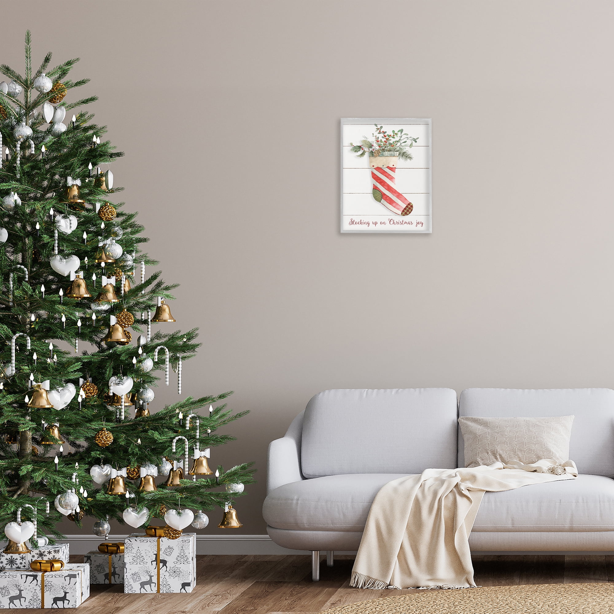 Stupell Industries Stocking Up On Christmas Holiday Painting Gray Framed Art Prints Wall Art, 16 x 20