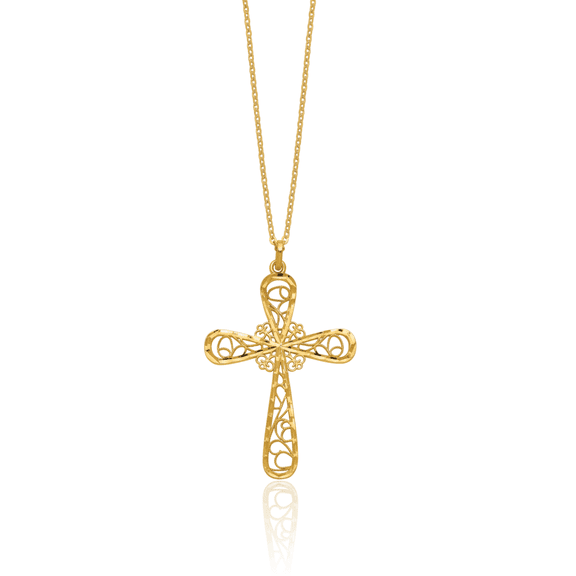 24K Solid Yellow Gold Antique Filigree Holy Cross Necklace Chain