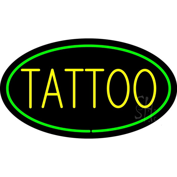 Tattoo Oval Green LED Neon Sign 20" Tall x 37" Wide - inches Black Square Cut Acrylic Backing, with Dimmer - Premium built indoor Sign for Storefront, Store interior, Workshop, Studio.