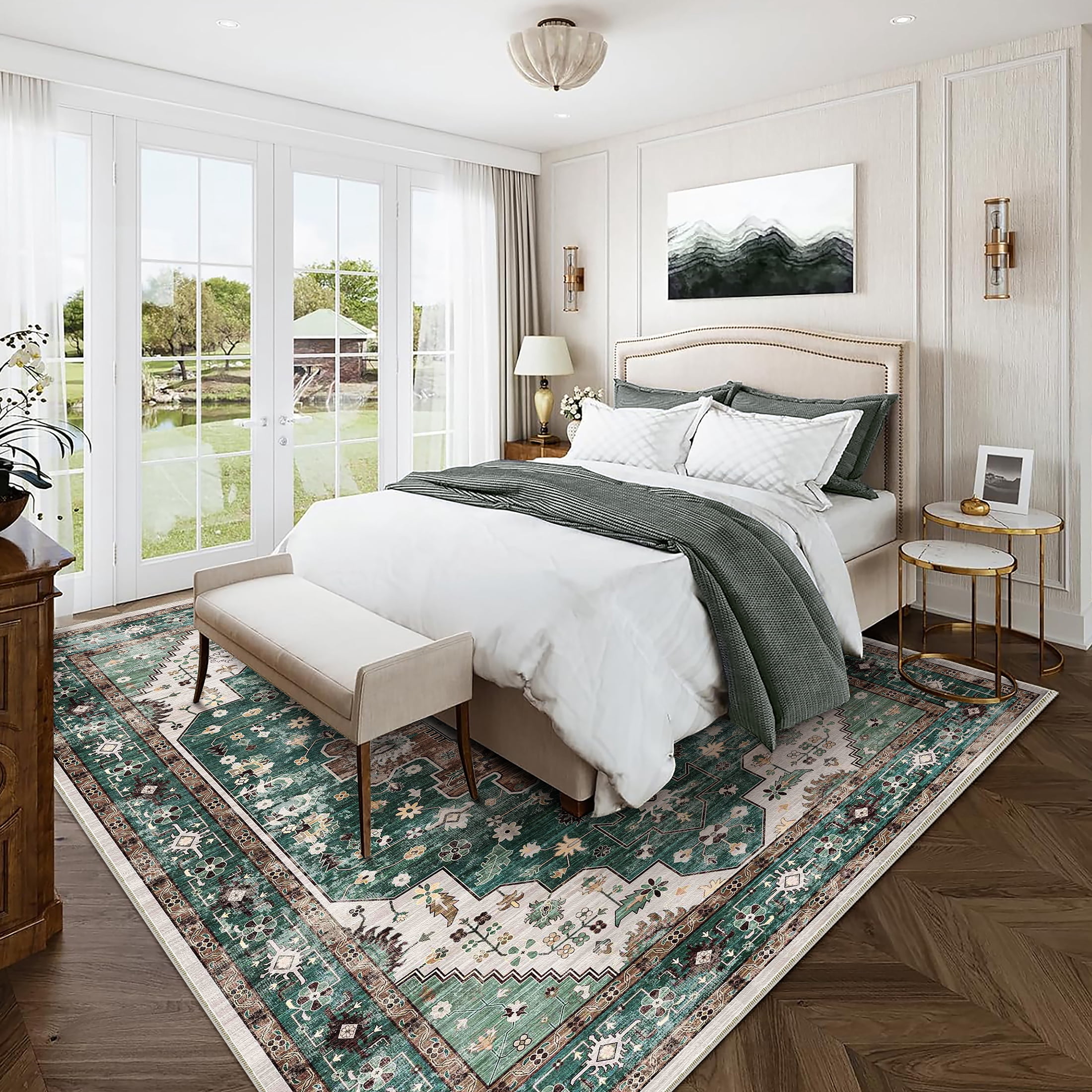 BERTHMEER Area Rugs 8’x10' Clearance for Living Room Vintage Large Rugs Bedroom Office Farmhouse Dining Room Washable Green Oriental Carpets Non Slip Traditional Distressed Rugs