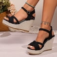 thumbnail image 2 of Rokment Beach Woven Platform Wedges Dressy Sandals for Women Summer Boho Rope Chunky High Heeled Strappy Dress Pumps Ladies Black Size 8, 2 of 6