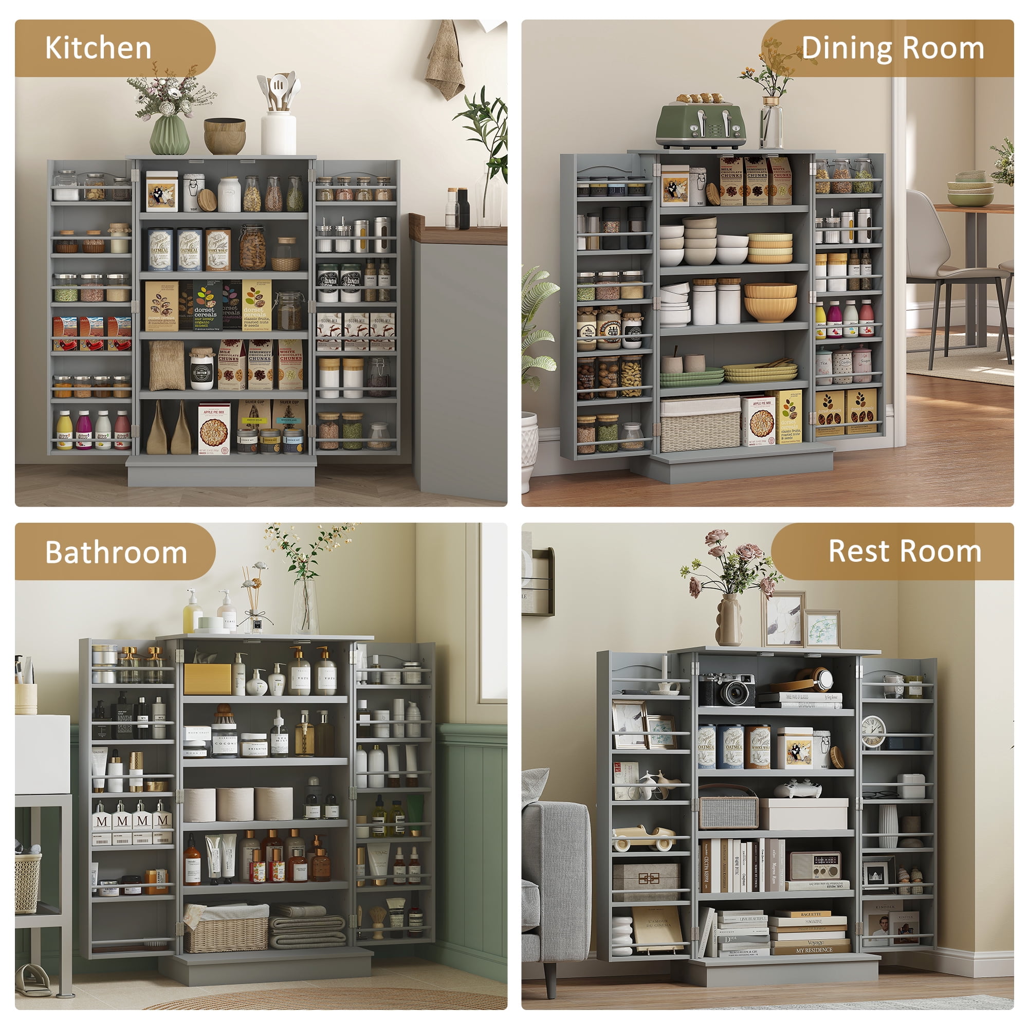 HOMCOM 41" Kitchen Pantry, 2-Door Kitchen Cabinet with 5-tier Storage Shelving, 12 Spice Racks and Adjustable Shelves for Dining Room, Gray
