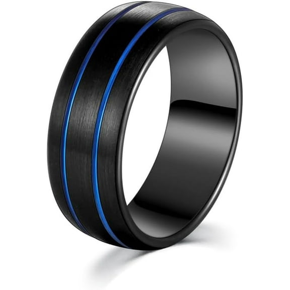 8MM Tungsten Rings for Men Classic Wending Band Engagement Promise Rings for Him Matte Finish Double Blue Groove Comfort Fit Size 7-12