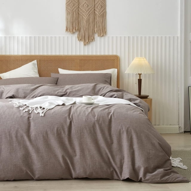 Washed Cotton Duvet Cover Set Linen Feel Natural Wrinkle Lightweight Comfy (King Linen)